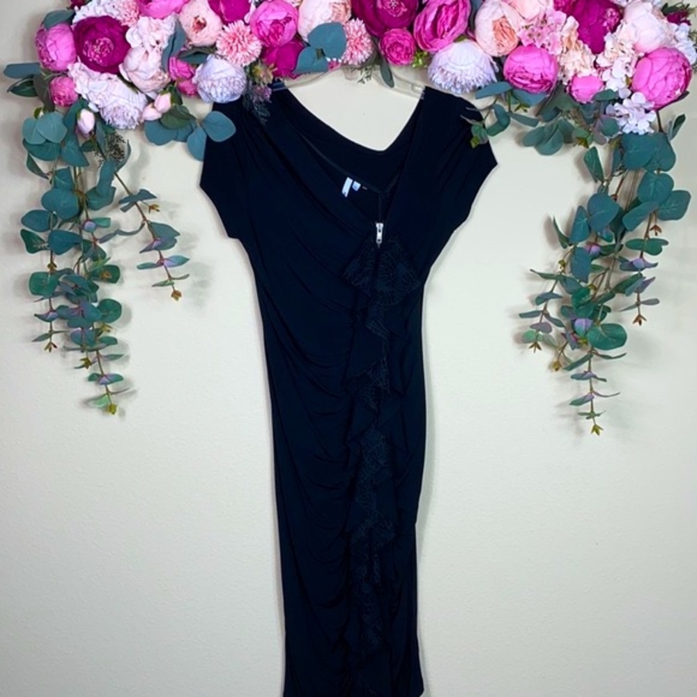 •michael stars• {asymmetrical neck} [Full Length Zip Lace] black Midi Dress